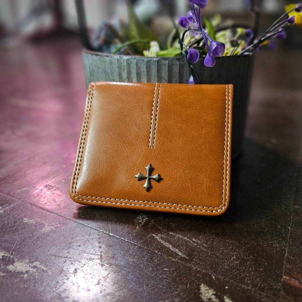 Bifold Wallet Vintage Zip Coin Pocket Vegan Leather Tan Camel (4 in) ✨